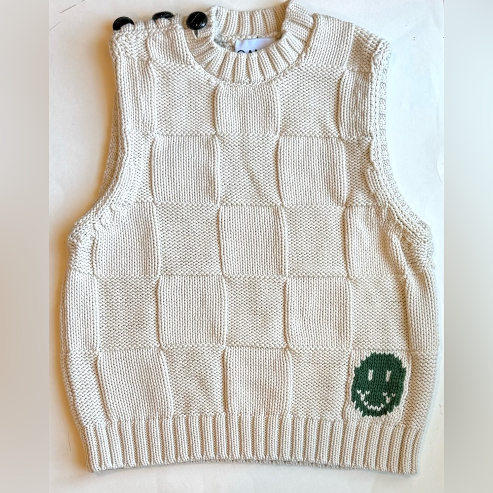 GANNI Button Shoulder Checkerboard Smiley Face Sweater Vest